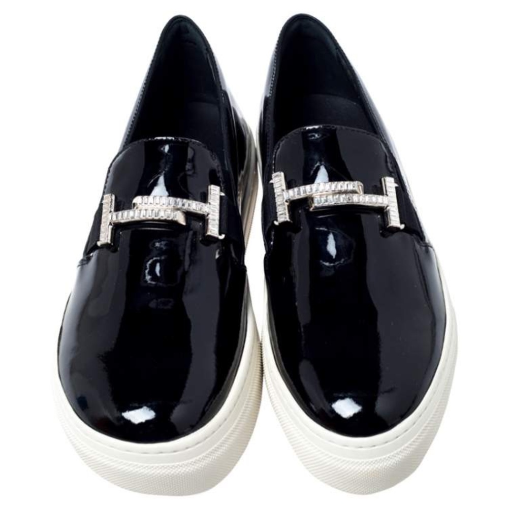 Tod's Black Patent Leather Sportivo Maxi Crystal Double T Slip On Sneakers